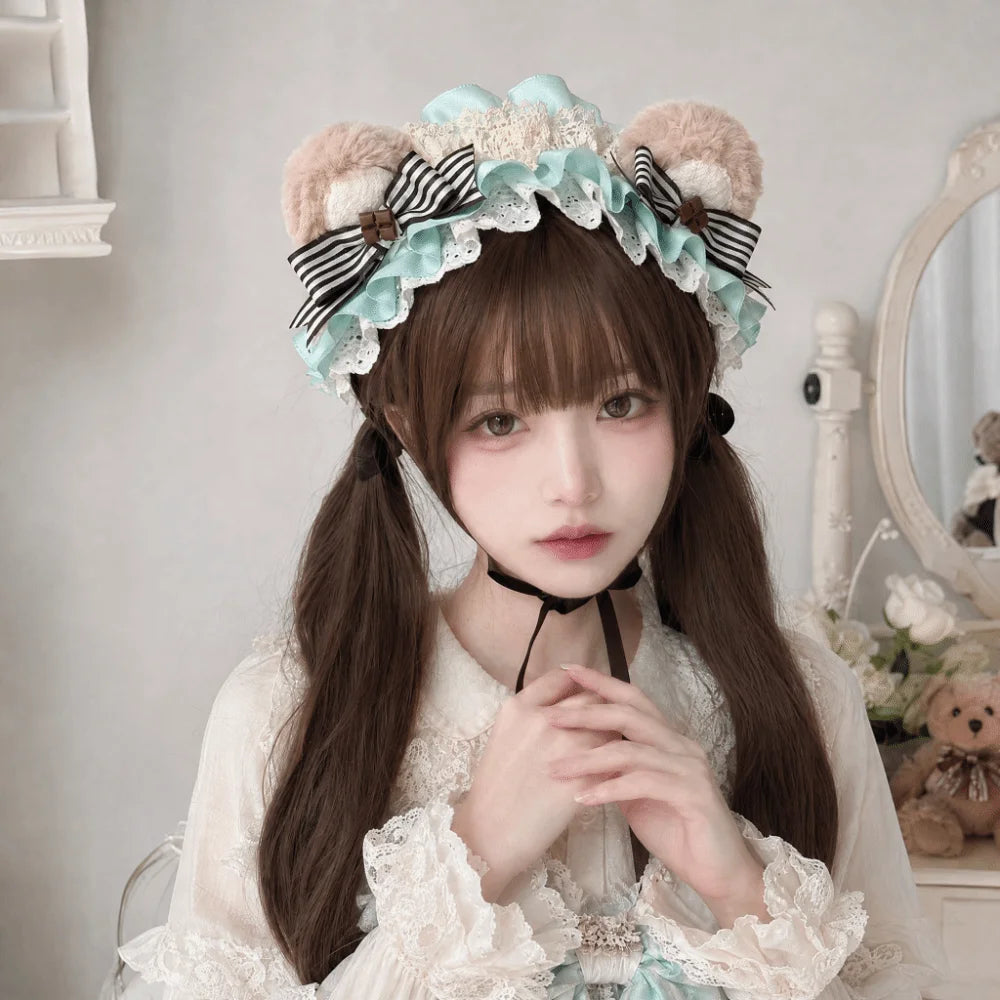 Adjustable Bear Ear Cookies Headband Sweet Lace-up Lolita Hair Hoop Qme