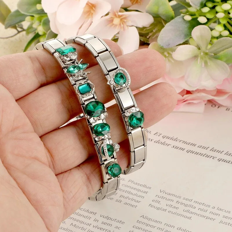Trendy Green Emerald Inlay Zircon Shiny Italian Charm Link Fit 9mm Stainless Steel Bracelet DIY Making Men Women Jewelry Gifts Qme