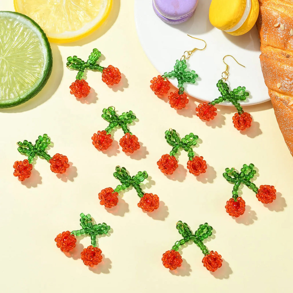 Pandahall 10Pcs Red Cherry Glass Charms Handmade Glass Seed Beaded Pendants 3D Fruit Cherry Dangle Charms for DIY Jewelry Making Qme