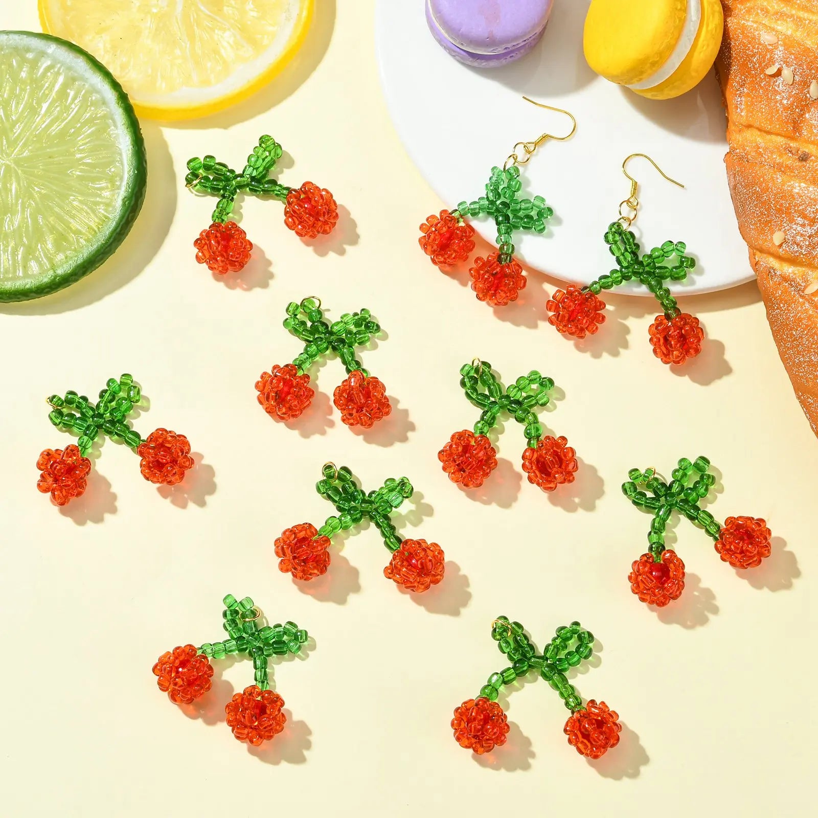 Pandahall 10Pcs Red Cherry Glass Charms Handmade Glass Seed Beaded Pendants 3D Fruit Cherry Dangle Charms for DIY Jewelry Making Qme