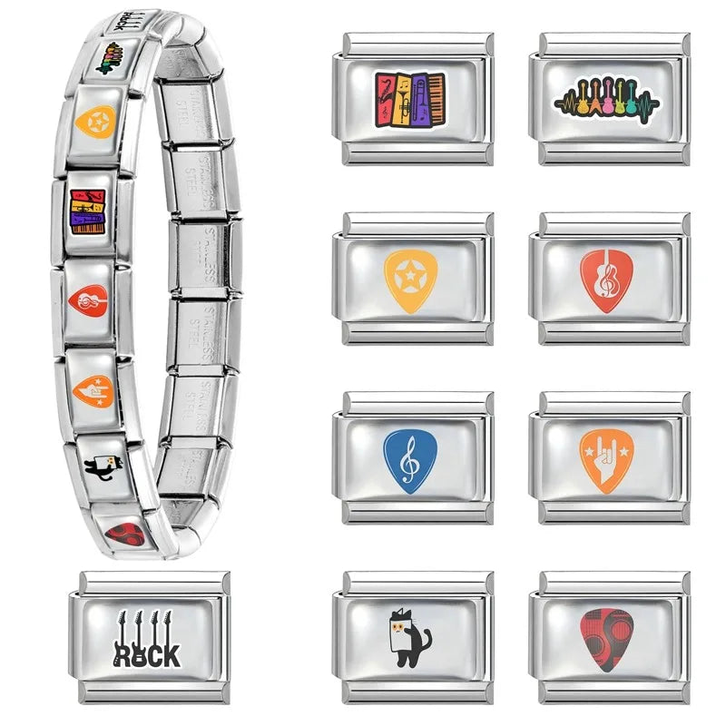 Women Musical Elements Note Guitar Electric Accordion Guitar Charm Italian Links Fit 9mm Stainless Steel Bracelet Making Jewelry Qme