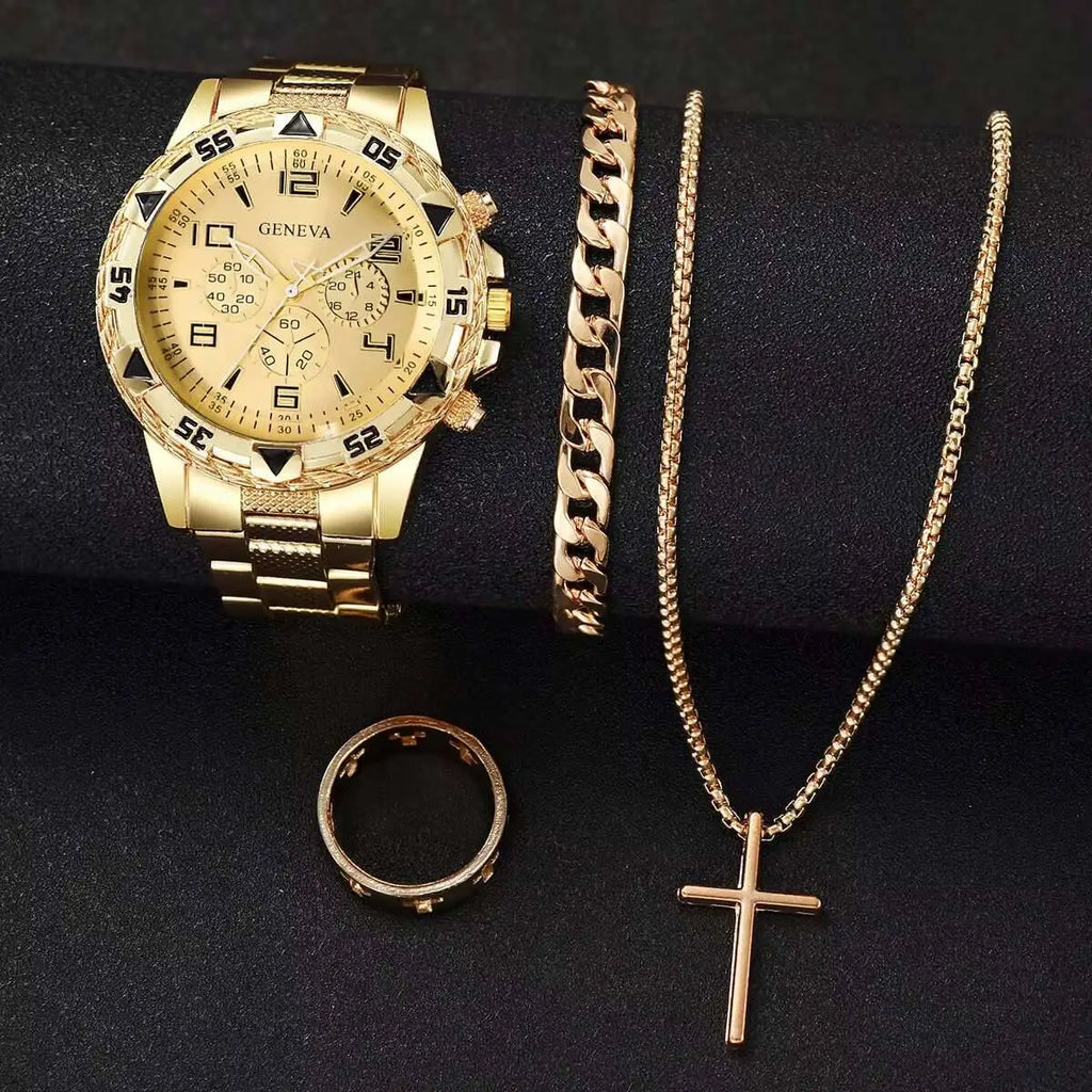 4PCS Large dial men's steel strap watch fashionable business white light glass digital quartz watch set Qme