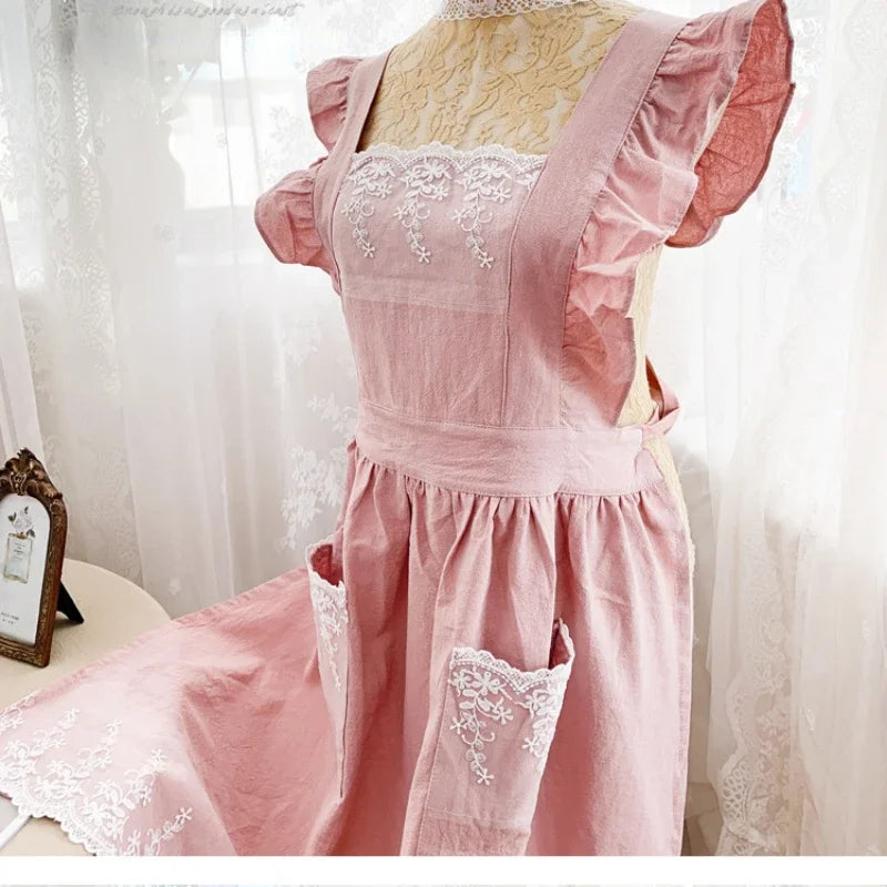 Female Women Apron Cotton Linen Aprons Dress Garden Cafe Kitchen Cooking Florist Palace Style Vintage Fashion Dress Aproning Qme