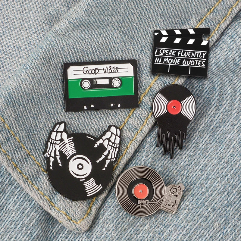Punk Music Lovers Enamel Pin Good Vibes Tape DJ Vinyl Record Player Badge Brooch Lapel Pins Jeans Shirt Jewelry Gifts Wholesale Qme