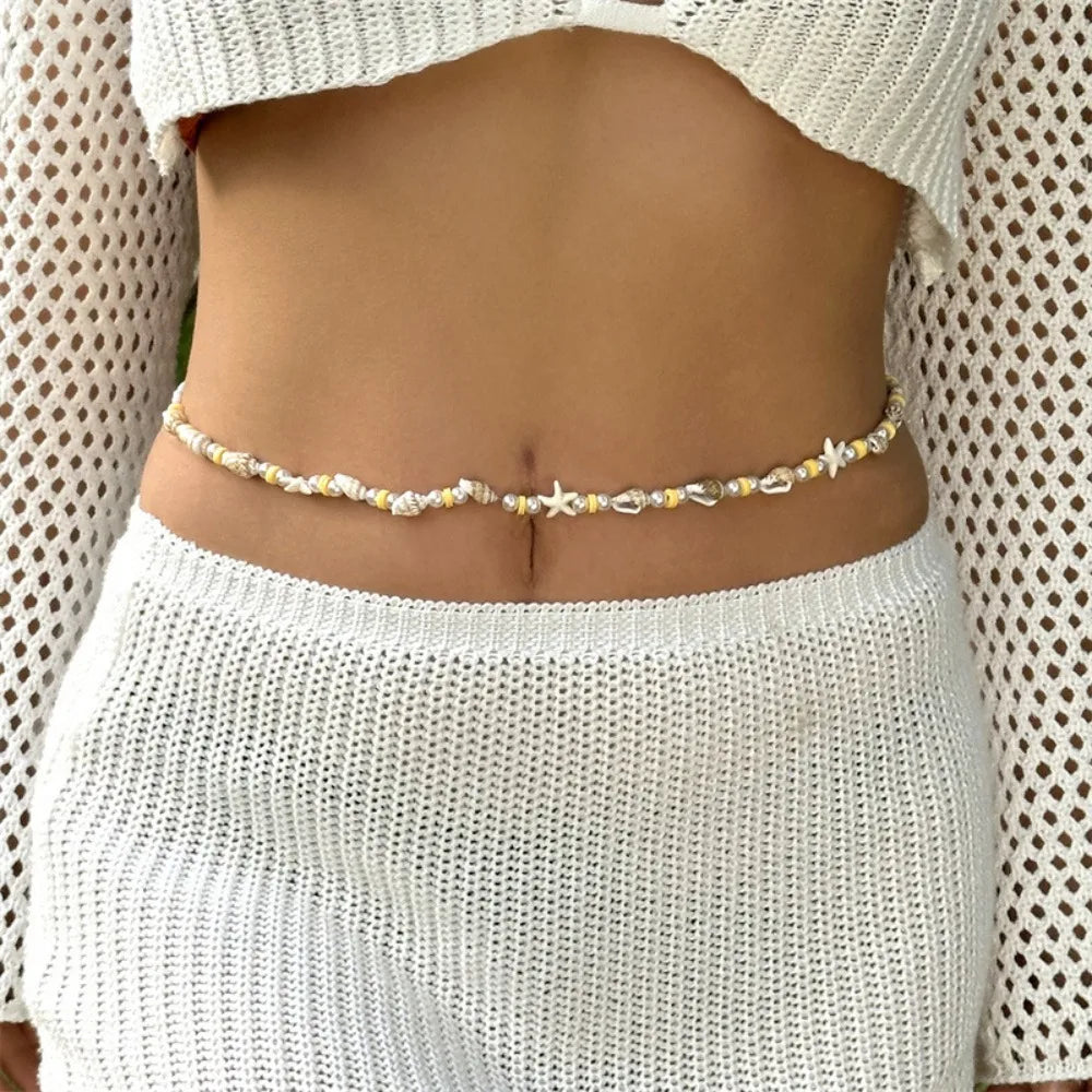 Colorful Starfish Shell Waist Chain Acrylic Minimalist Bohemian Body Chain Vacation Style Adjustable Boho Waist Jewelry Women Qme Yellow
