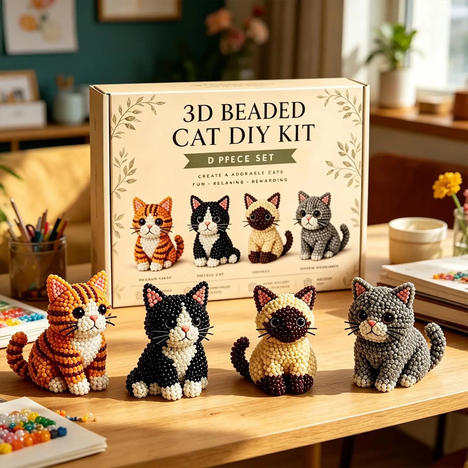 DIY Animal Beading Kit Cute Beginner-Friendly 3D Cat Funny Animal Beadwork Kit for Desk Decorations Bookshelf Decor Party Favors Qme