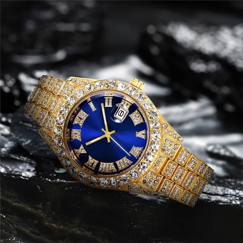 Hip hop Watch Male watch luxury water proof Brand watches Stainless steel Round Clock Men quartz wristwatches Gift boyfriend Qme gold blue