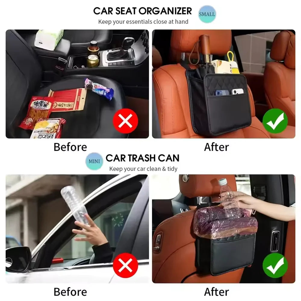 Multi-Function Leather Backseat Storage Bag Trash Can & Garbage Bag Holder Organizer for Most Car Models Qme