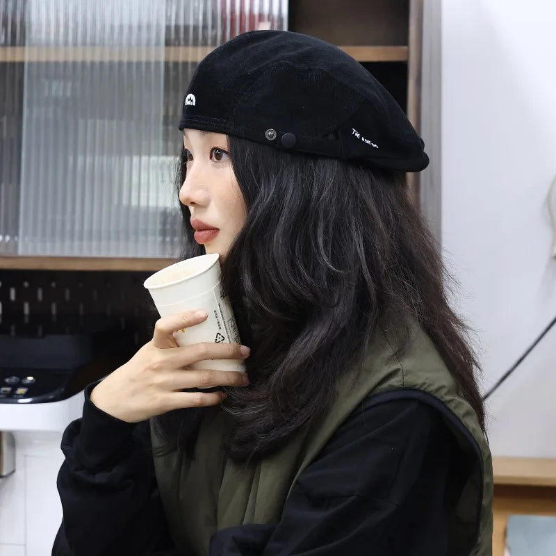 Embroidered Half-circle Beret Corduroy Autumn Winter Hat Trendy Qme