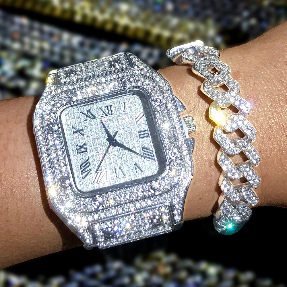 Luxury Moissanite Iced Out Watches Hip Hop Bust Down Unisex Diamond Watch, Stainless Steel Moissanite Studded Wrist Watch Qme