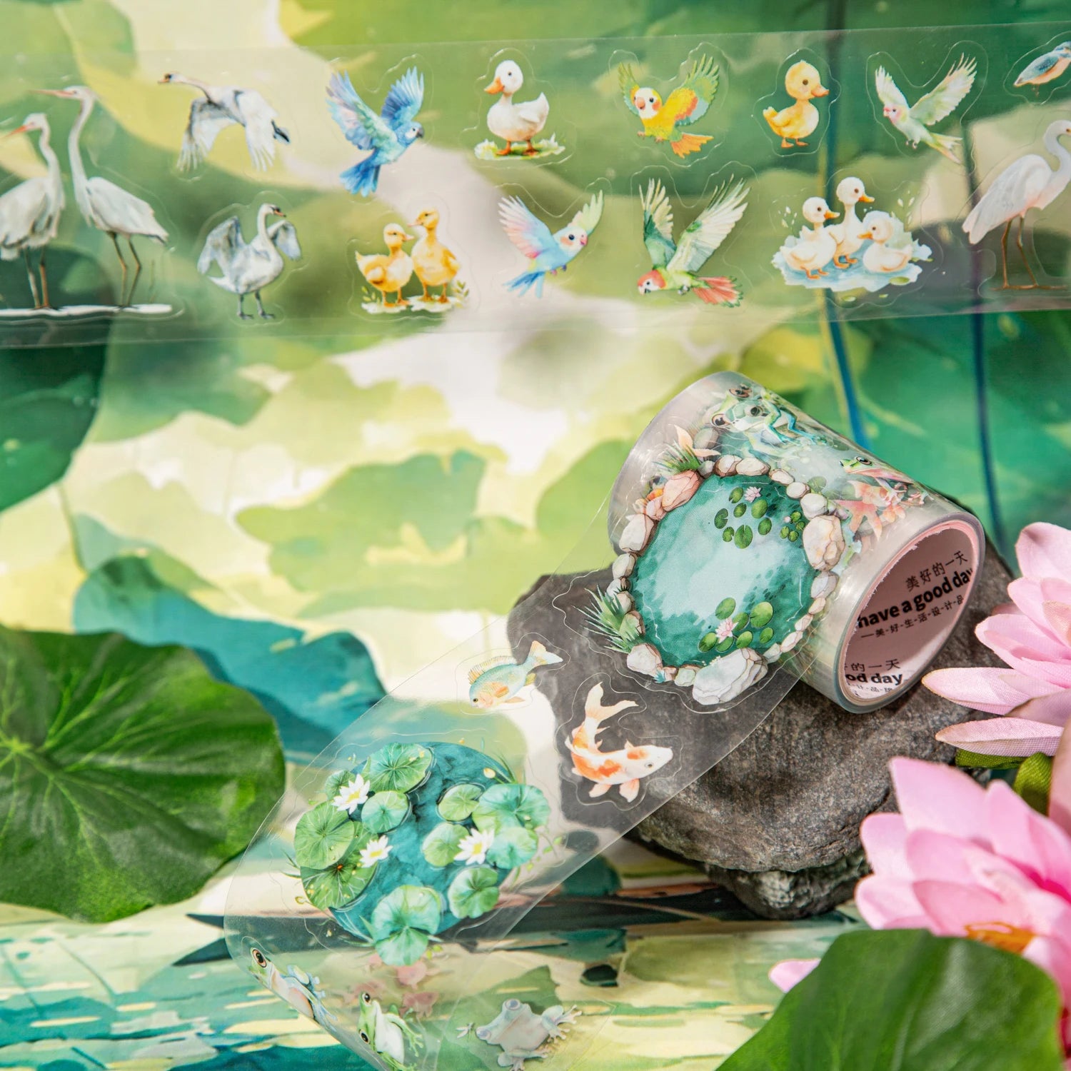 200cm/Roll Summer Lotus Pond PET Tape Cute Literary INS Style Journal Handbook Tapes Creative DIY Scrapbook Collage Stationery Qme