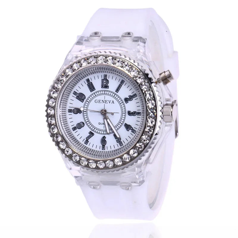 Luminous Round Digital Watches Solid Color Inlaid Rhinestone Sports Watch Couple Waterproof Wrist Watch Qme WHITE