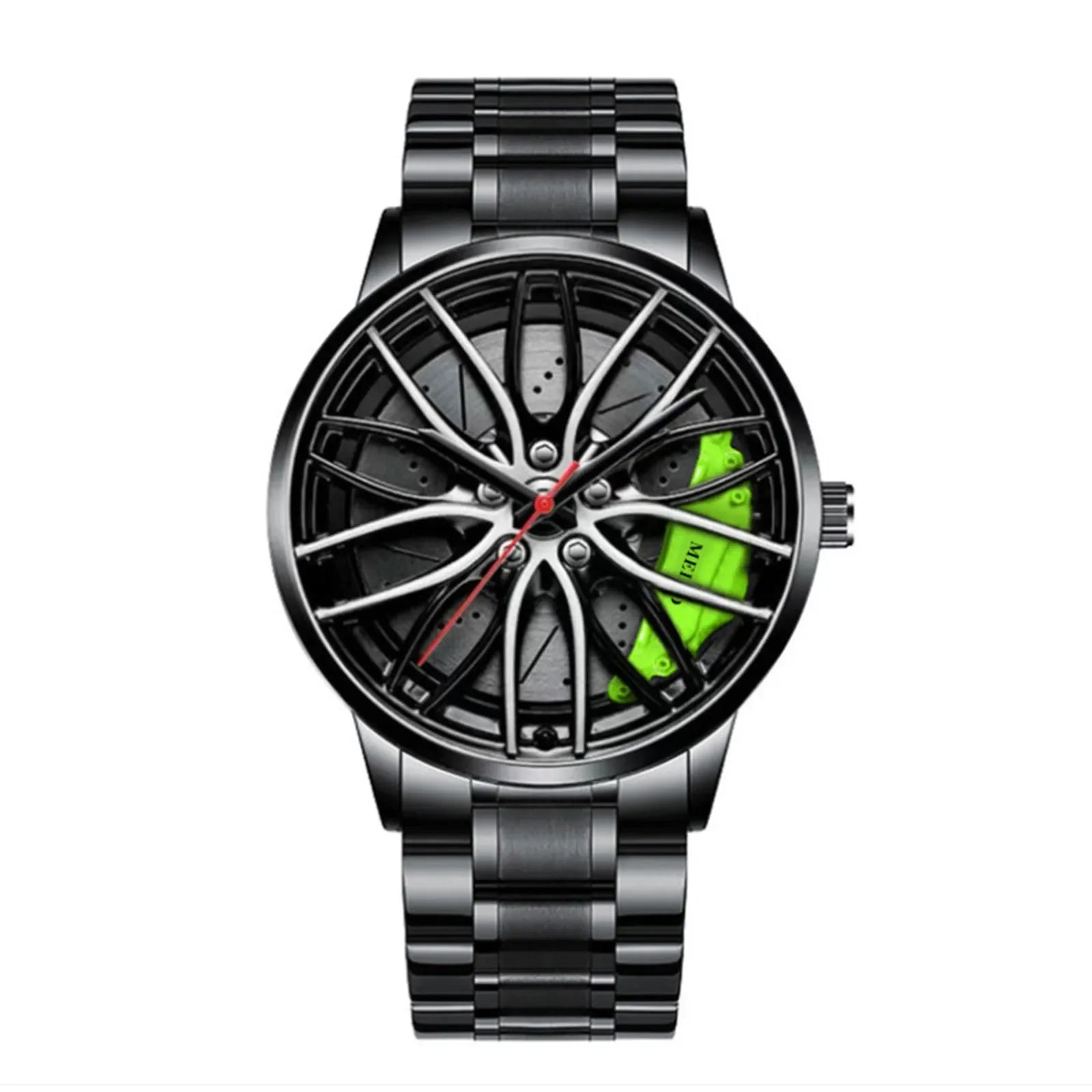 Car Watches For Men,Waterproof Stainless Steel Quartz Wrist Watch Sports Men’s Watches With Car Wheel Rim Hub Design Qme green