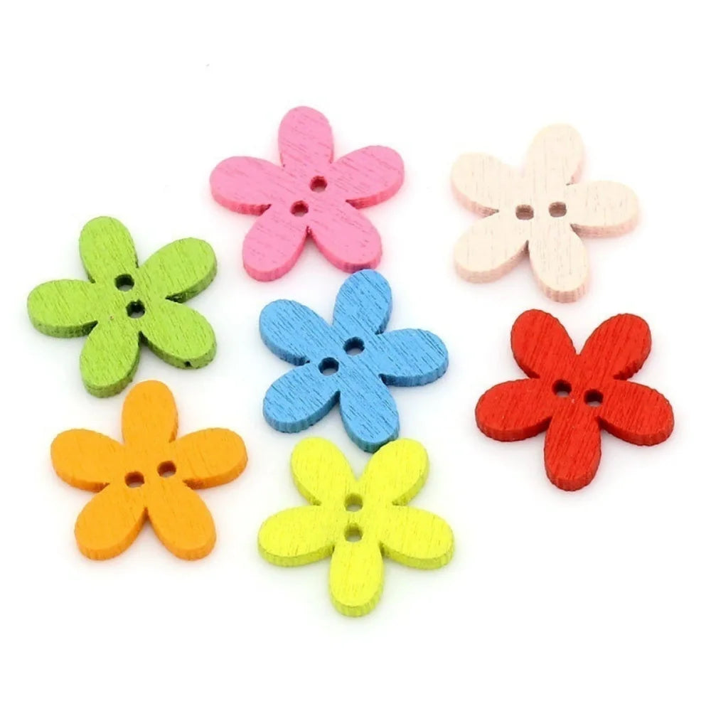 100 Pcs 2-hole Mixed Flower Wooden Decorative Buttons Suitable for Sewing Clip Arts and Crafts Multicolor 14x15mm Qme