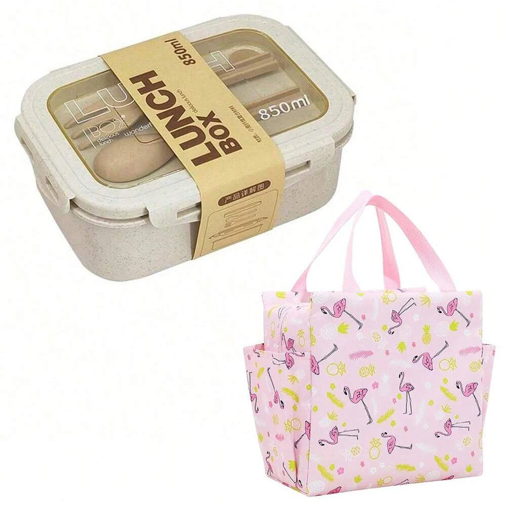Wheat Straw Lunch Box Bento Students Portable Sealed Compartment Qme Beige with bag 2 2|800ml