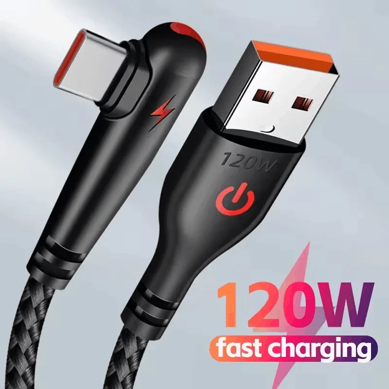 120W USB A To Type C Weaving Data Cable PD Elbow Data Charging Cord For iPhone Samsung Huawei Xiaomi Type C Fast Charging Cable Qme