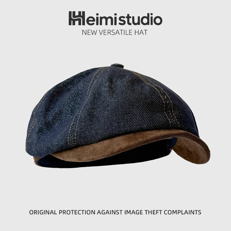 Washed Distressed Vintage Denim Patchwork Beret Painter Hat Qme