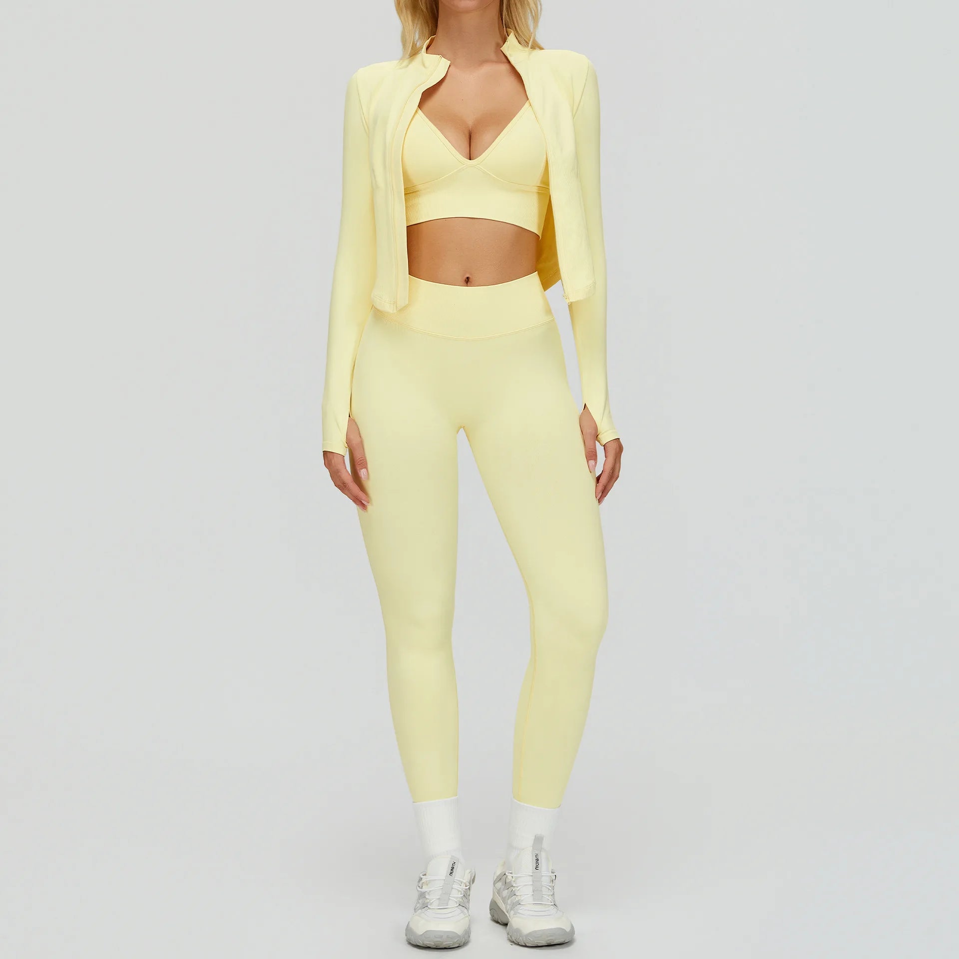 A 2/3PCS Yoga Suit Sports Set Gym Set Women Tracksuit Workout Clothes Long Sleeve Sports Bra Athletic Wear Yoga Clothing Qme 3pcs yellow S