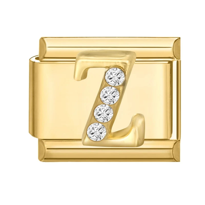Wholesale Shiny CZ 26 Letters A-Z Gold Color Italian Charms Gold Plated 9mm Stainless Steel Modular Bracelet DIY Jewelry Gift Qme Z