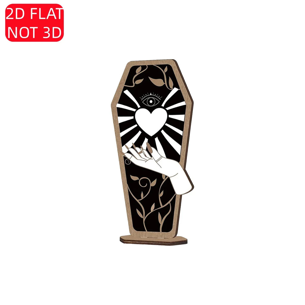 Halloween 2D Flat Wooden Coffin Sign – Gothic Mystic Design with Heart, All-Seeing Eye, and Hand. Perfect for Spooky Home Qme YXZH0334