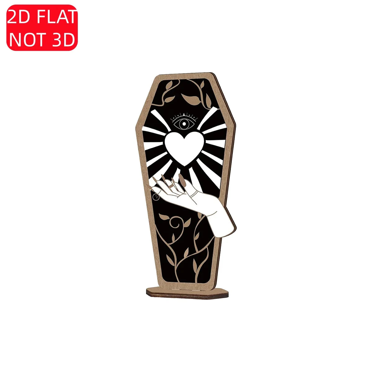 Halloween 2D Flat Wooden Coffin Sign – Gothic Mystic Design with Heart, All-Seeing Eye, and Hand. Perfect for Spooky Home Qme YXZH0334