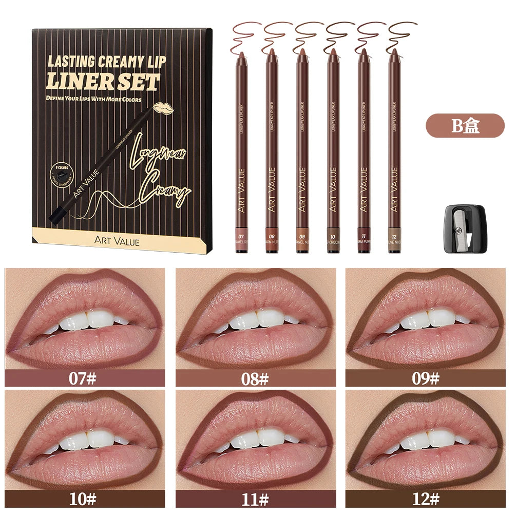ART VALUE 6 Colors Nude Lipstick Pencil Makeup Sets Waterproof Lasting Sexy Red Lip Liner Pen Matte Lip Contour Pen Lip Stain Qme B Set