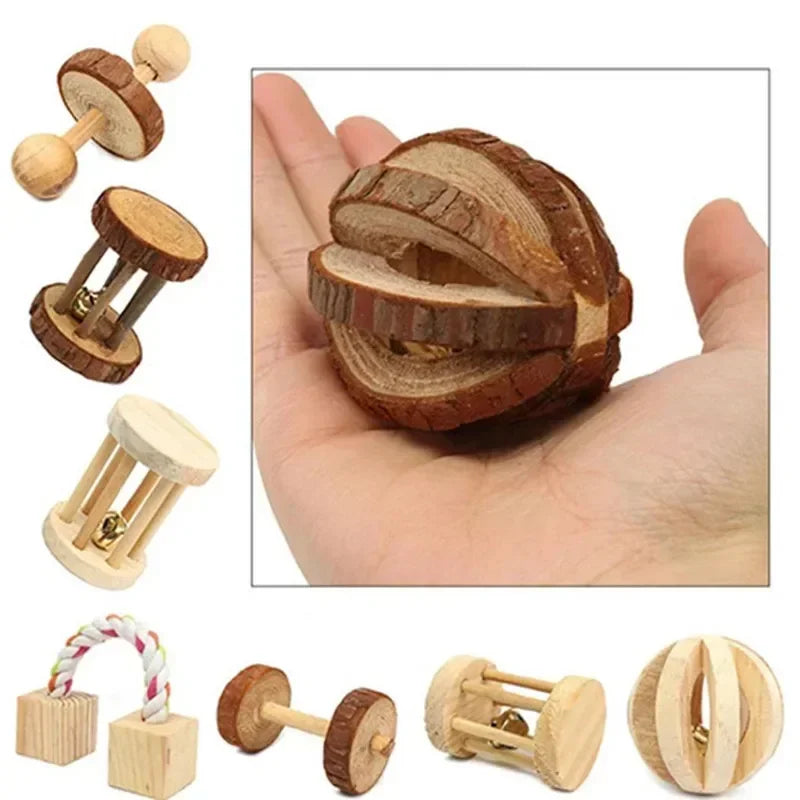 Natural Wood Chew Toys Rodents Rabbit-shaped Roller Bell Guinea Pig Qme
