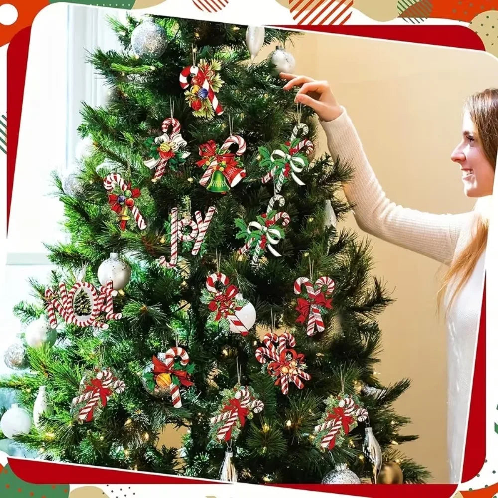 Wooden Christmas Tree Ornaments Cute Candy Cane Bow Bells Hanging Qme
