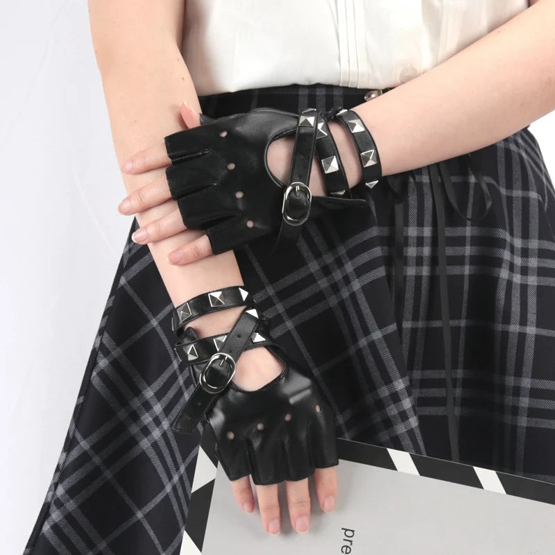 Black Sexy Bandage Rivet Gloves Personality Buckle Straps Punk Women Qme