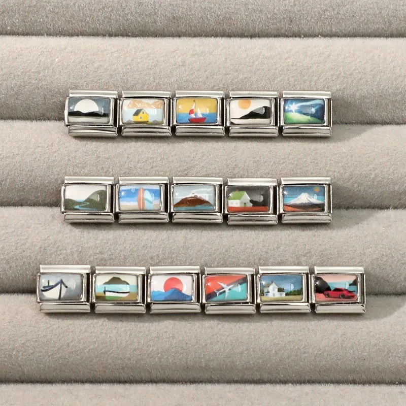 2026 Original Snow Mountain Pine Tree Sun Villa Italian Charm Links Fit 9mm Stainless Steel Bracelet Men Women DIY Making Gifts Qme