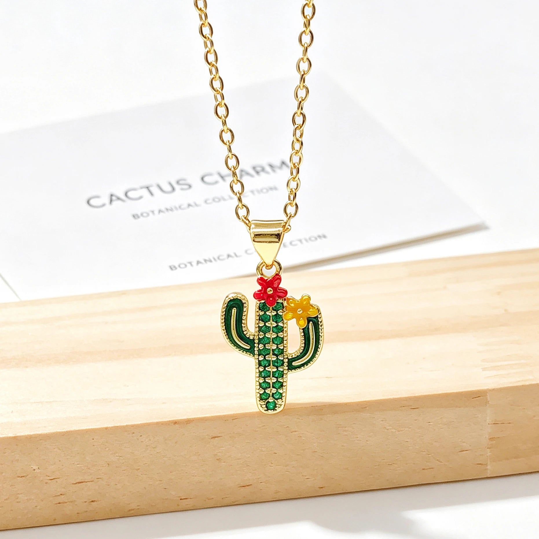 Gold Plated Multicolor Zircon Enamel Art Cactus Pendant Necklace Bohemian Floral Jewelry For Women Casual Vacations Gift New Qme 1