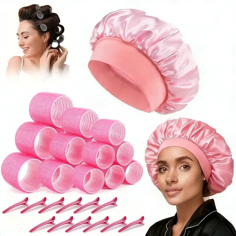Heatless Hair Curlers 18 Self Grip Rollers 12 Clips Satin Nightcap Qme