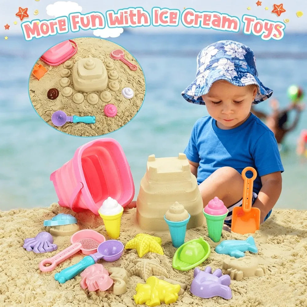 Beach Sand Toys for Kids Beach Toys Set with Ice Cream Cake Sand Molds Mesh Beach Bag Shovel Rake for Toddler Sandbox Outdoor Qme