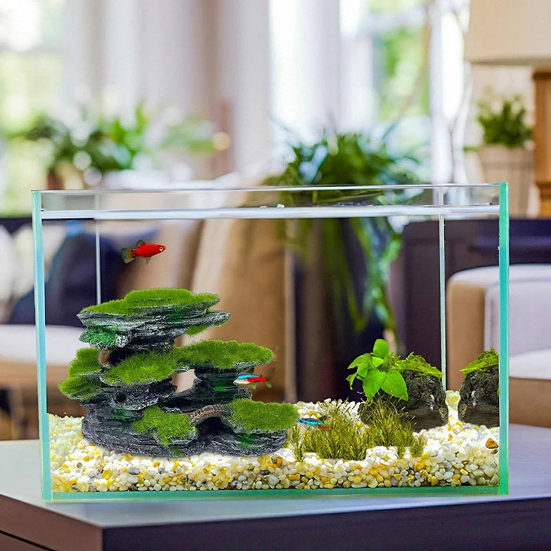 Aquarium Mountain View Stone Mossed Hideout Submersible Resin Qme