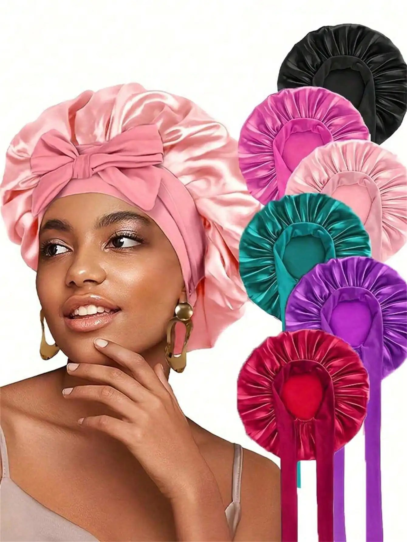 Satin Bonnet Caps Women Elastic Band Silk Sleeping Hair Bonnets Qme