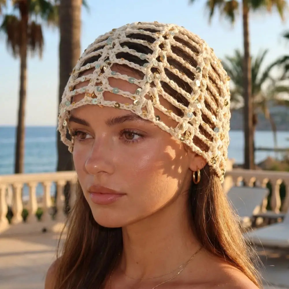 Retro Elegant Hollowed Out Knitted Hat Thin Solid Crochet Sequined Qme