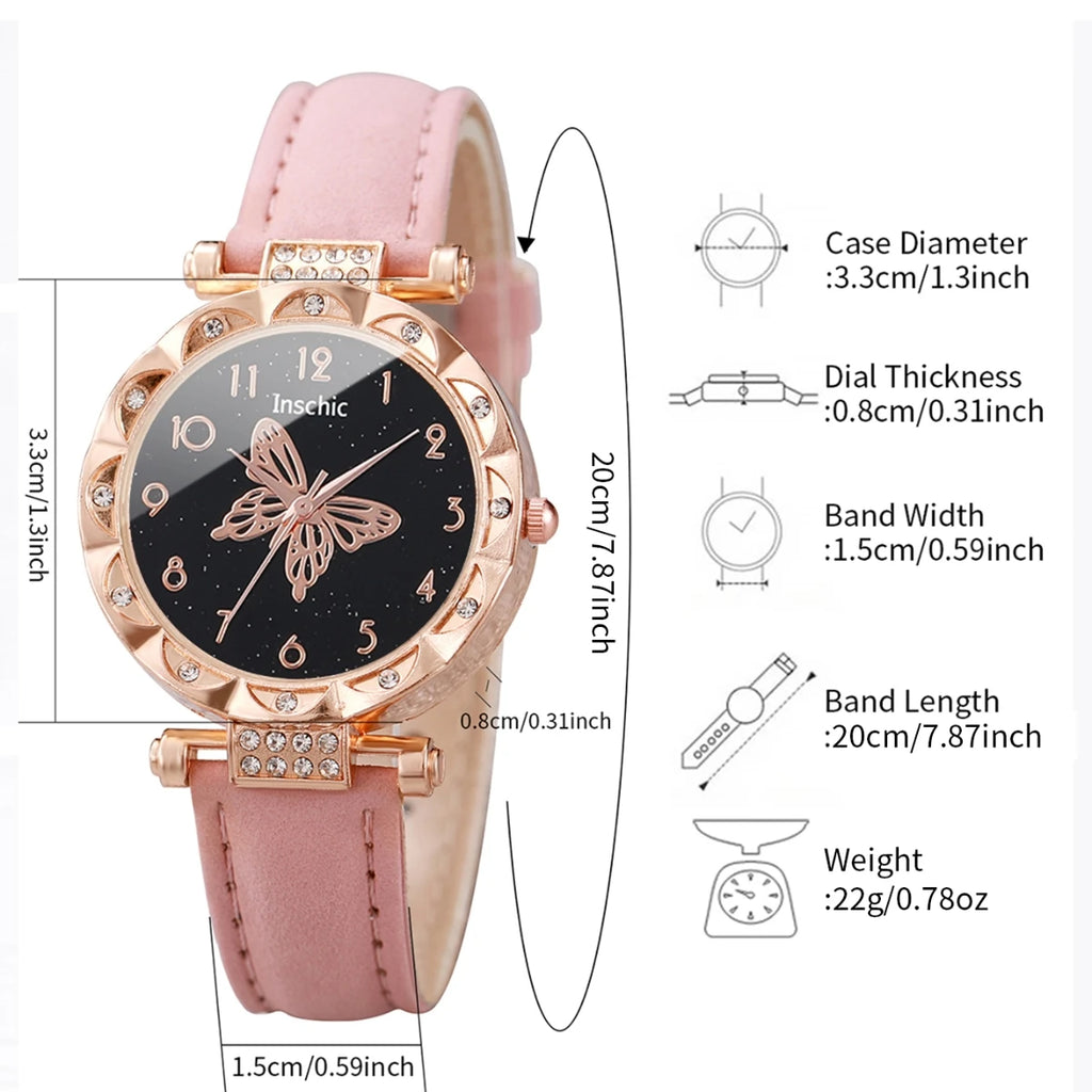 Women's Watch with Rhinestone Butterfly Dial, Leather Bracelet, Quartz Watches, Jewelry Set Without Box, Fashion, 6pcs Qme