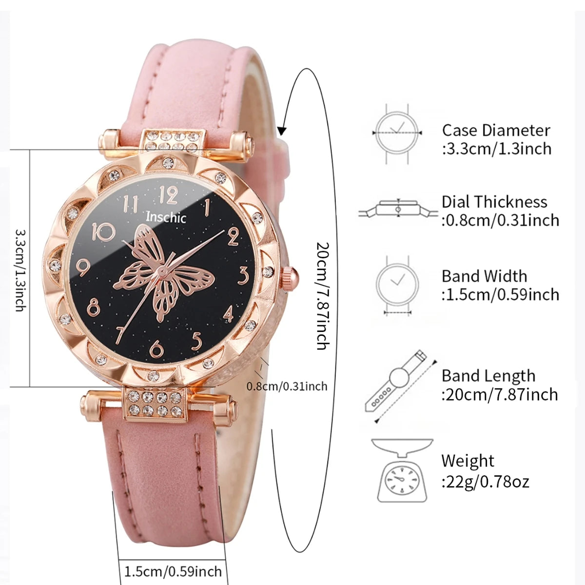 Women's Watch with Rhinestone Butterfly Dial, Leather Bracelet, Quartz Watches, Jewelry Set Without Box, Fashion, 6pcs Qme