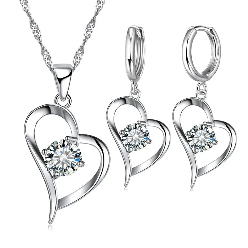 925 Sterling Silver Color Wedding Jewelry Sets for Women Love Heart Hollow Pendants Necklaces Earrings Clear Austrian Crystal Qme Default Title