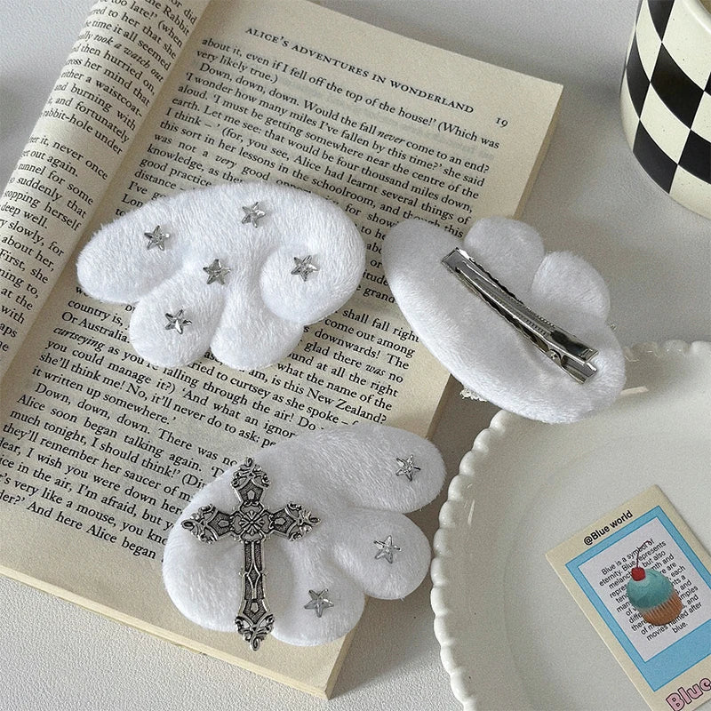 Cute White Angel Wings Gothic Cross Hair Clip Subculture Y2k Hairpin Qme