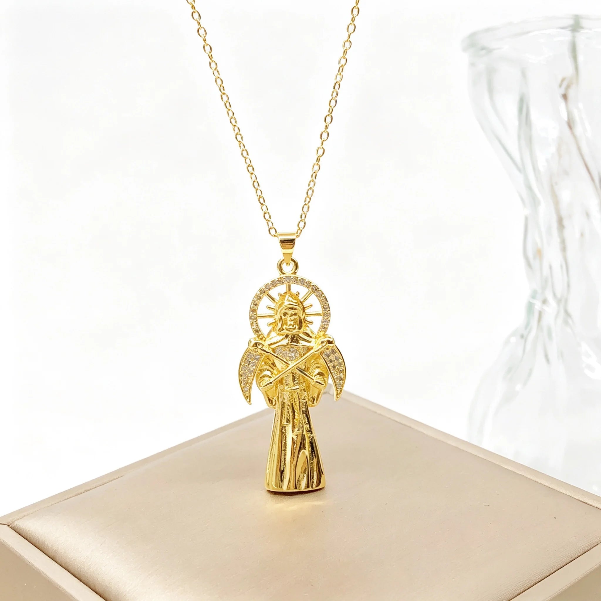 Gold-Plated Religious Medal Zircon Necklace Archangel Saint Michael Santa Muerte Jesus Choker Amulet Jewelry for Men Women New Qme 6