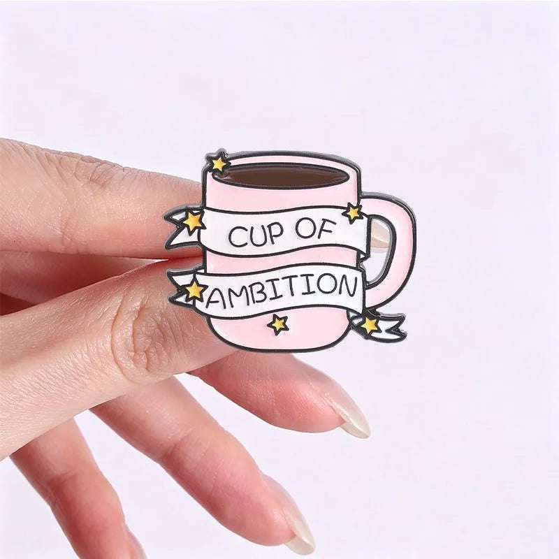 Motivational Enamel Pins Ambition Fuel Jerry Can Cup of Ambition Coffee Cup Lapel Brooches Positive Quote Badges for Daily Decor Qme