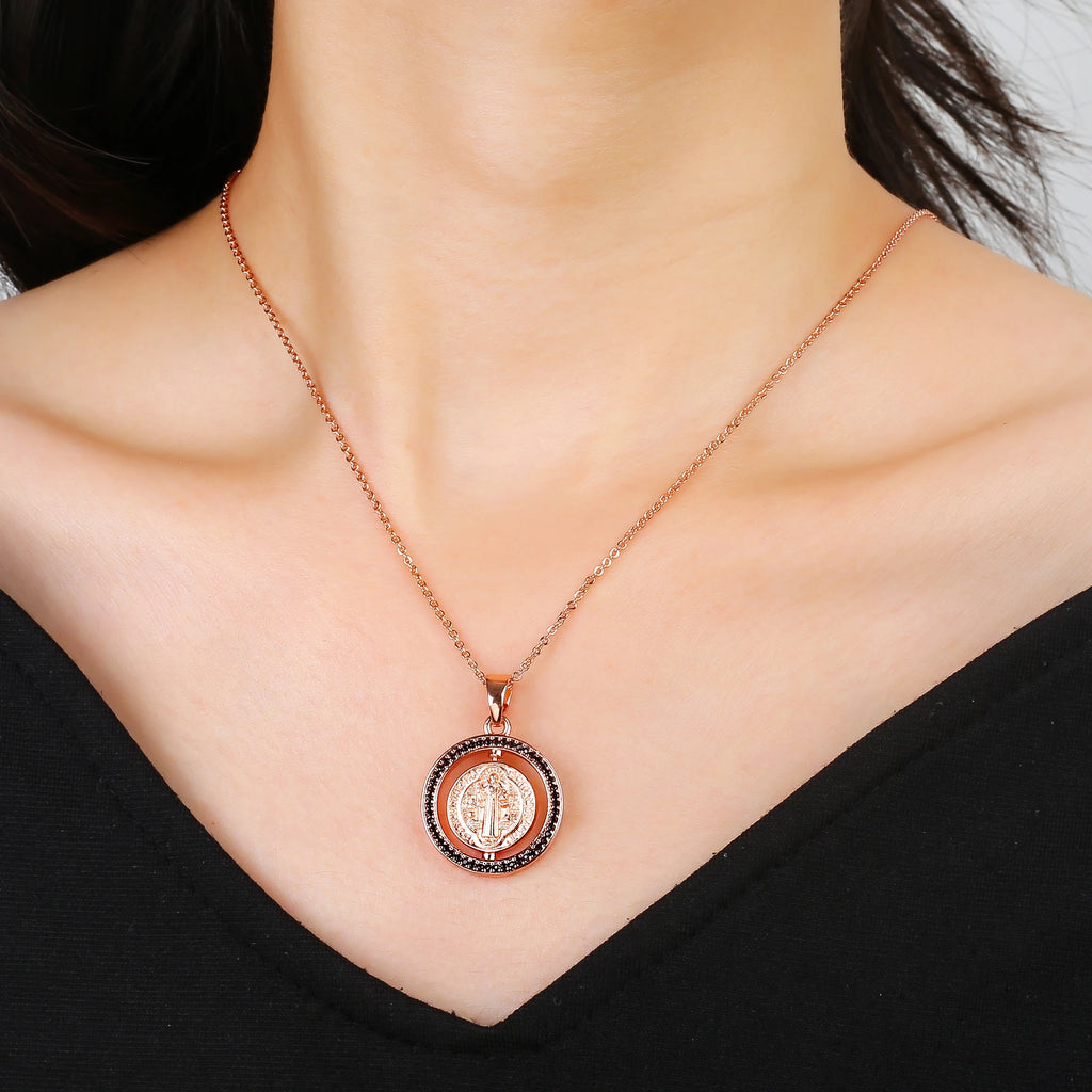 New Fashion Round Rotating St. Benedict Zirconia Pendant Necklace—Lucky for Women's Party Gold/Rose Gold Jewelry Amulet Gift Qme