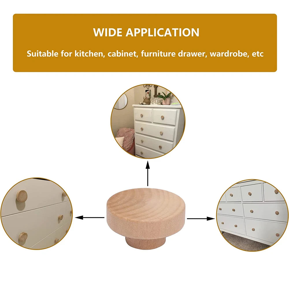 Round Wooden Cabinet Knobs Unfinished Wood cupboard Furniture Drawer Pulls Handles with Screws for Wardrobe Dresser Closet Qme