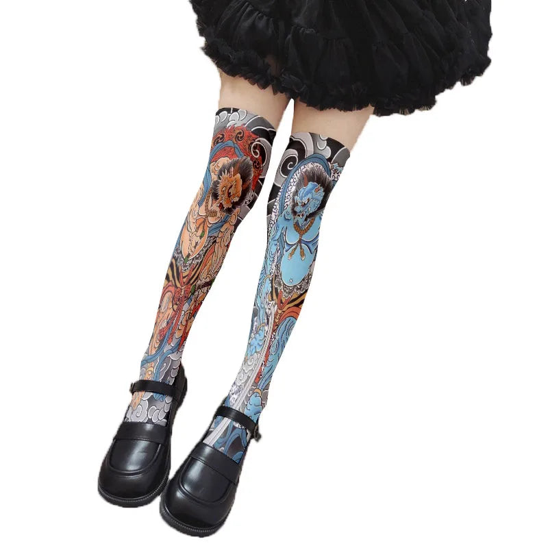 Women's Sexy Thigh-high Stockings Trend Tattoo Full Print Pattern 3D Qme style13 60CM