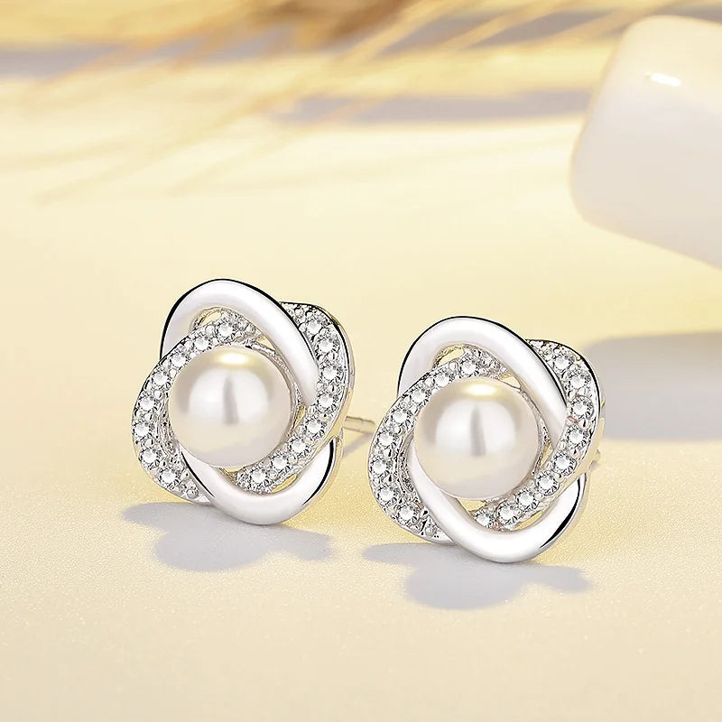 New Fine 925 Sterling Silver Charms Pearl Crystal Stud Earrings for Women Fashion Party Wedding Accessories Jewelry Couple Gifts Qme
