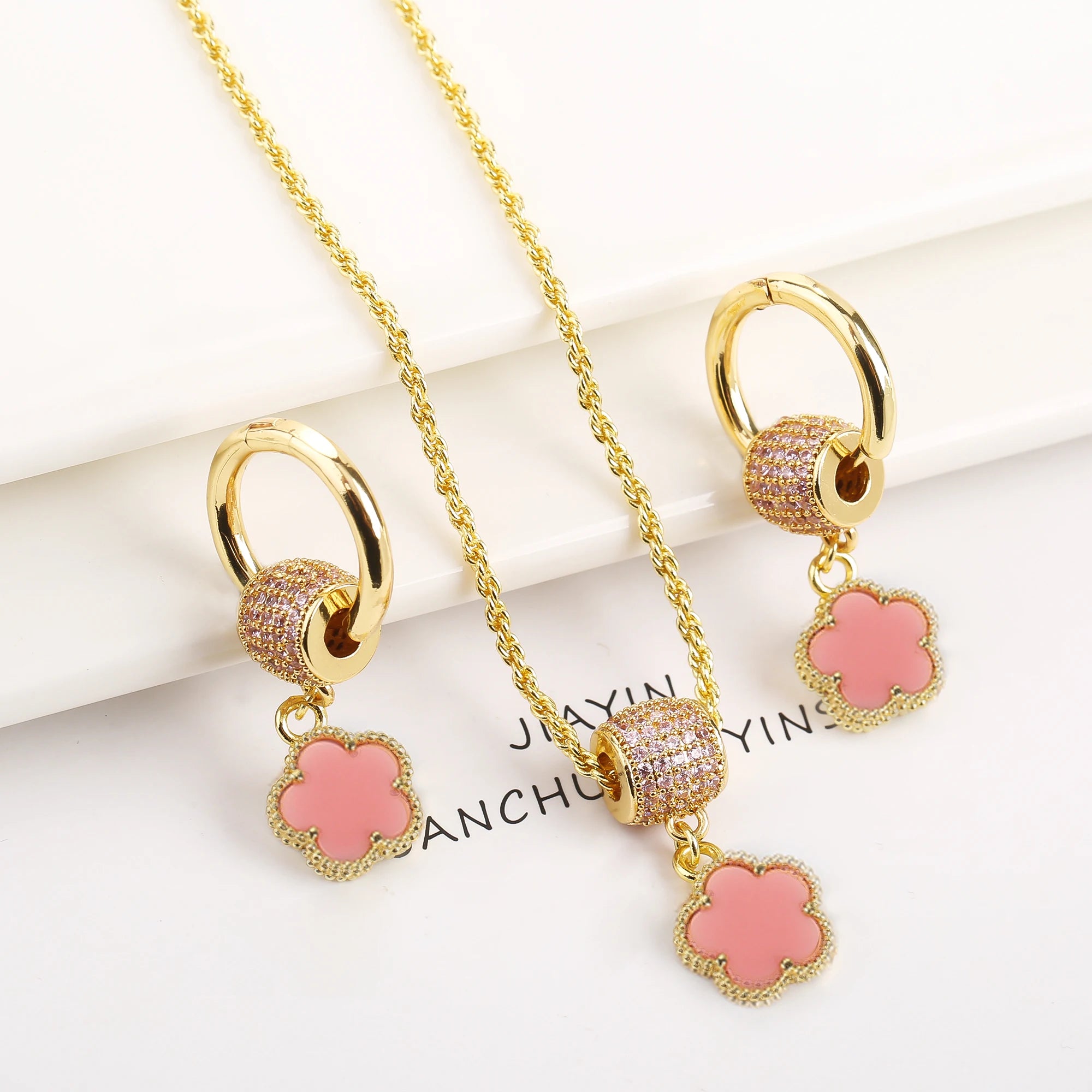 High Quality Natural Stone Five Leaf Flower Jewelry Set Zirconia Necklace Earrings Temperament For Woman Fashion Jewelry Clover Qme Jewelry Set 5
