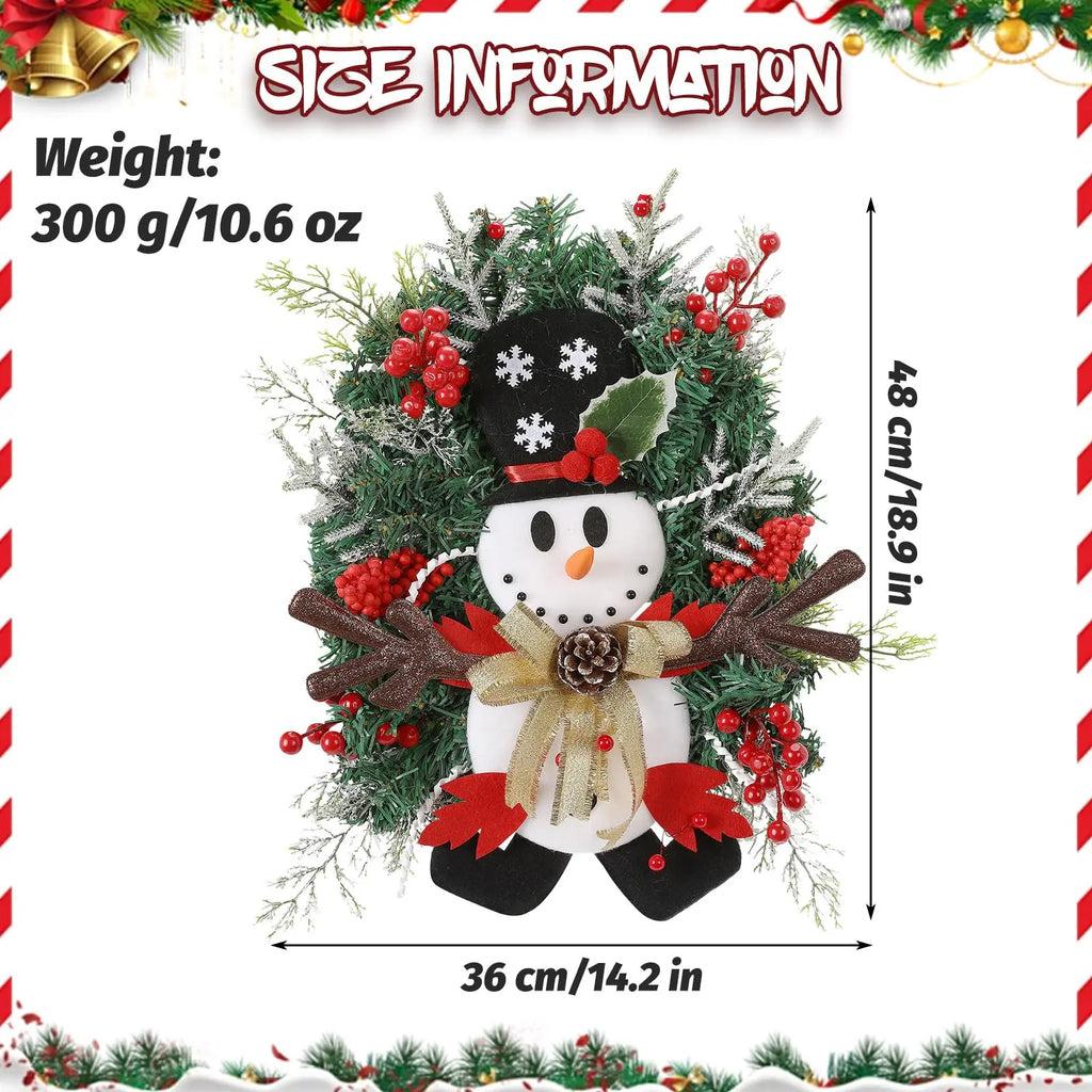 Snowman Christmas Wreath Artificial Front Door Garland Red Berries Pine Branches Hanging Decorations for Home Wall Window Qme