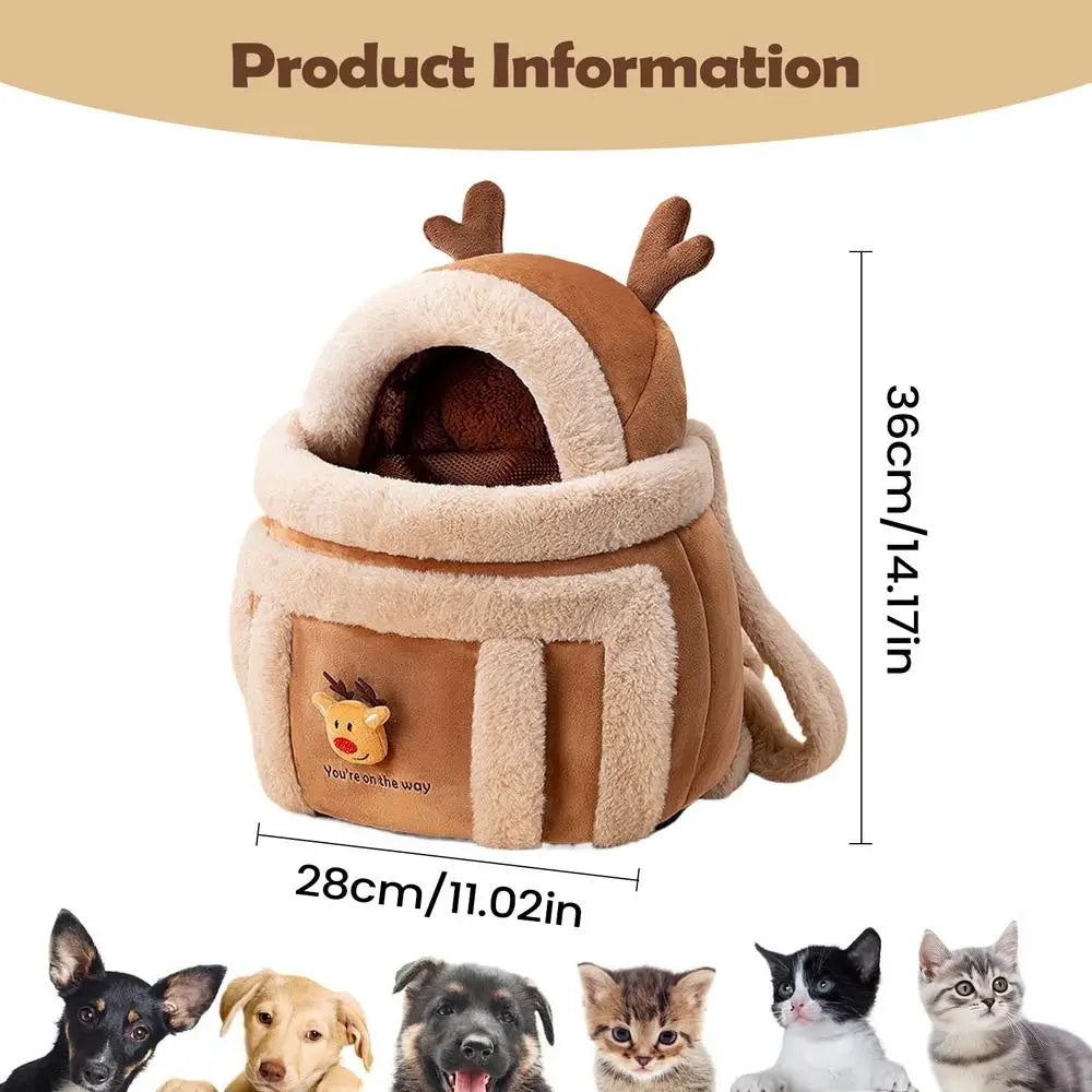 Cat Carrying Bag Pet Plush Elk Shape Backpack Winter Puppy Outgoing Backpack For Travel Hiking Outdoor Camping Indoor Qme as shown