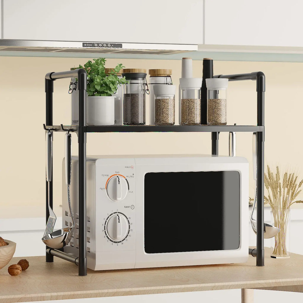 Extra Wide Microwave Stand - 2-Tier Heavy-Duty Kitchen Shelf for Oven Toaster & Spice Racks with Handrail Hooks Non-Slip Qme
